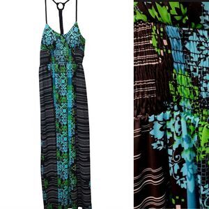 My Michelle Racerback Maxi Dress Womens XL Black Green Blue Smocked Back Boho